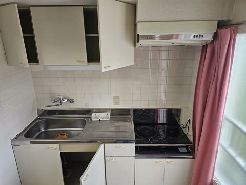 A compact kitchen with open white cabinets, a metal sink, an induction cooktop, and a pink curtain next to a window.