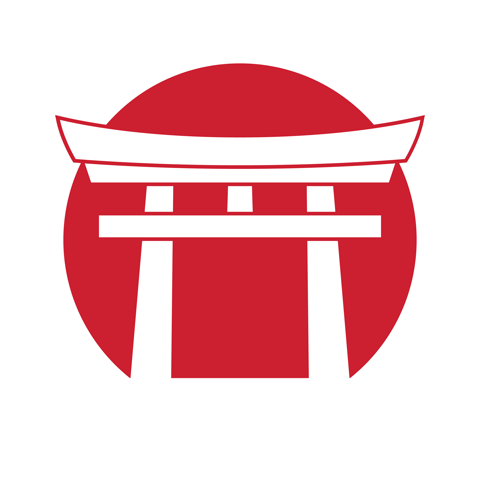 White torii gate on a red circle.