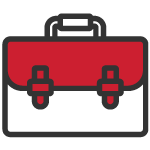 Red briefcase with black bottom and two buckles.